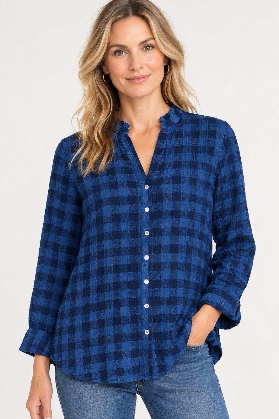 J. Jill Plaid Tunic Shirt XL Blue Button Down Long Sleeve Western Fall